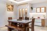 Modern 4-Seater Dining Room Design With Closed Mandir Unit And White-Wood Storage Unit - Livspace
