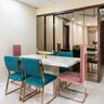 Dining Room Design With Teal Blue And Pink Chairs - Livspace