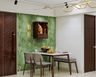 2-Seater Grey And Wood Dining Room Design With Integrated Mandir Unit - Livspace
