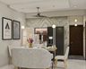 Grey And White Dining Room Design With Patterend Wallpaper - Livspace