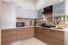 Vertical Walnut And Grey Modular L Shape Kitchen Design - Livspace