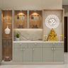 Mandir Design With Grey Cabinets And Glass Storage - Livspace