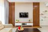 White And Wood TV Unit Design With High-Gloss Finish - Livspace