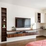 Wooden TV Unit Design With Wall-Mounted Storage Units - Livspace