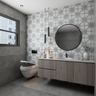 Grey-White And Blue Bathroom Design With Wooden Vanity Unit - Livspace