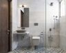 Grey Bathroom Design With Frameless Rectangular Mirror - Livspace