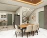 6-Seater Off-White And Wood Dining Room Design With Wooden False Ceiling - Livspace