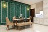 6-Seater Dining Room Design With Dark Green Leafy Wallpaper - Livspace