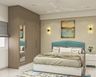 Contemporary Master Bedroom Design With Abstract Wallpaper And Wooden Swing Wardrobes - Livspace