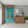 Blue And Wood Wall Mounted Pooja Room Design - Livspace
