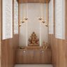 Walnut-Toned Pooja Room Design With Open Shutters - Livspace
