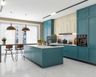 Island Kitchen Design With Teal Blue And Wood Cabinets - Livspace