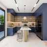 Dark Blue And Wood U Shaped Ktchen Island Design With Frosted Shutters - Livspace