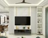 TV Unit Design With White Marble Wall Tile And Fluted Panelling - Livspace