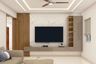 Irish Cream And Wood TV Unit Design With Open Wall Shelves - Livspace