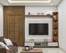 White And Wood TV Unit Design With Long Open Wall Shelf - Livspace