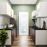 Green Kitchen Wall Paint Design With Black And White Dado Tiles - Livspace