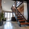 Straight Staircase Design with Wood and Metal Elements