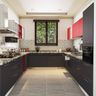 U-Shaped Kitchen Design with Grey and Red Units